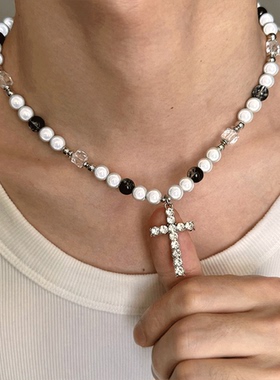 反光珍珠拼接十字架小众设计锁骨链钛钢项链男欧美嘻哈风女毛衣链