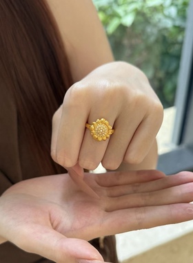 金包银向日葵戒指古法镶钻太阳花指环明星同款百搭送礼定制礼物