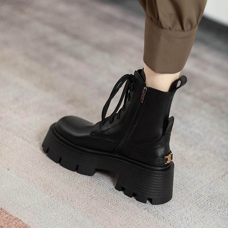 潮牌厚底真皮马丁靴女ins2025新款系带加绒松糕机车靴子粗跟短靴,淘宝优惠券,粉丝福利购,淘宝优惠卷