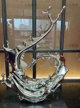 不锈钢水花抽象雕塑定制酒店大堂水景装饰镜面浪花太湖石客厅摆件