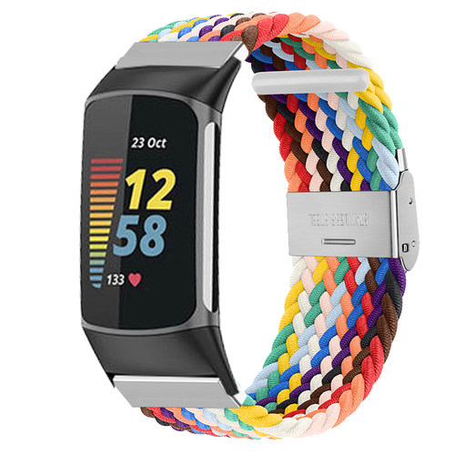 【新款】适用Fitbit charge6智能5手环弹力尼龙编织表带charge3/4智能运动手环替换腕带可调节彩虹创意手表链 - 图3