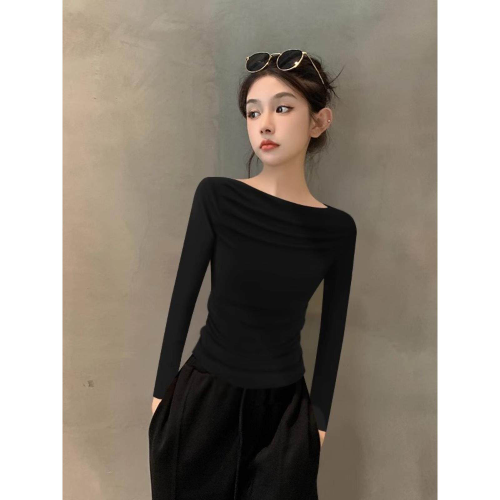 一字领长袖打底衫女秋季内搭2025新款露肩不规则上衣女设计感小众,淘宝优惠券,粉丝福利购,淘宝优惠卷