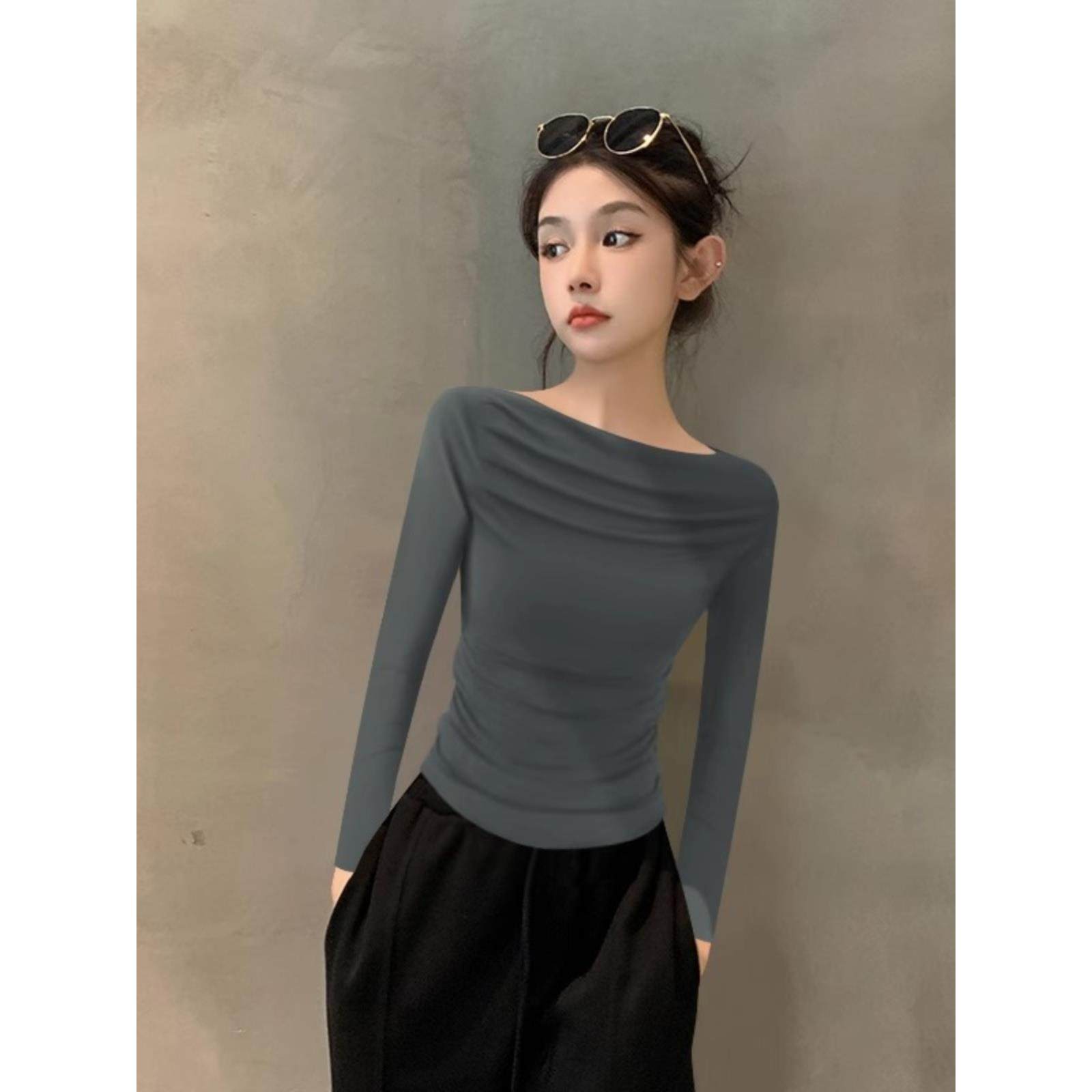 一字领长袖打底衫女秋季内搭2025新款露肩不规则上衣女设计感小众,淘宝优惠券,粉丝福利购,淘宝优惠卷