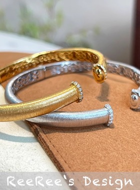 925纯银镀金拉丝复古点钻手镯