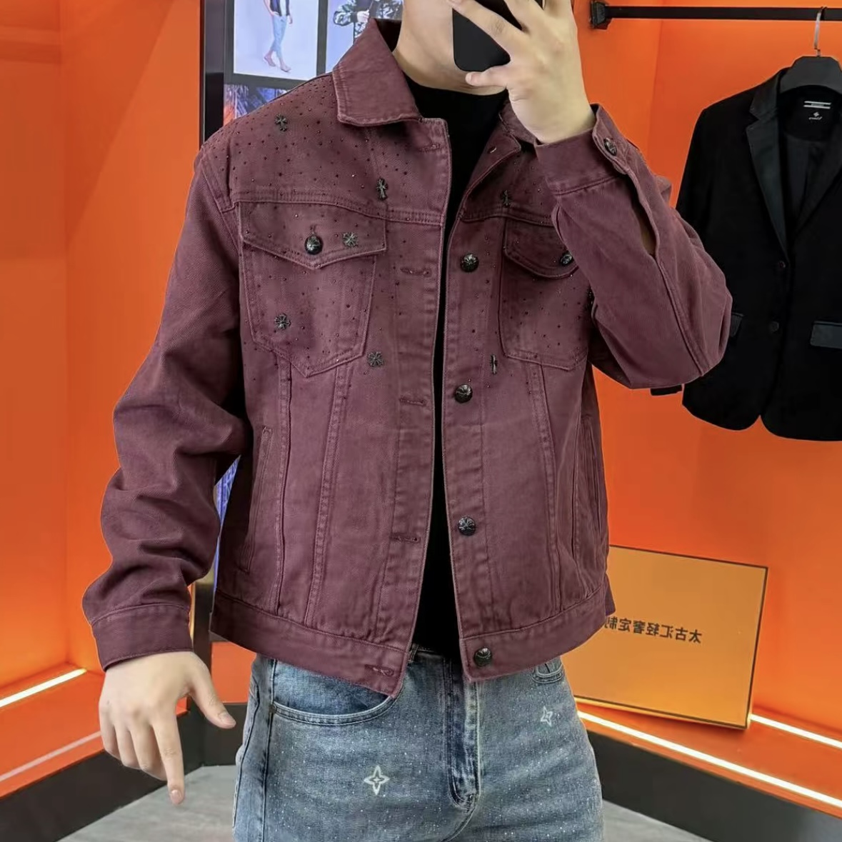 男士早秋新款潮流时尚帅气微阔短款满天星INS潮牛仔外套夹克-5566 - 图0