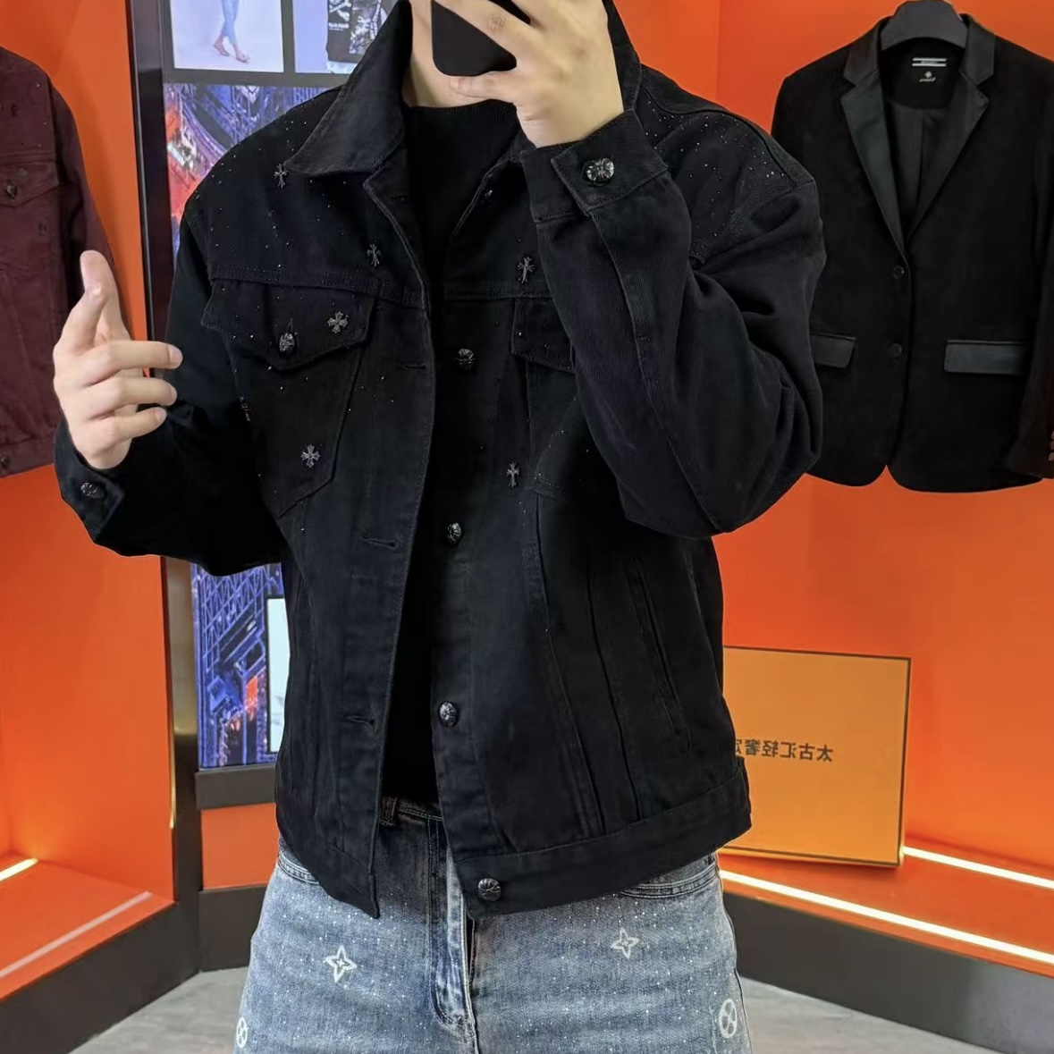 男士早秋新款潮流时尚帅气微阔短款满天星INS潮牛仔外套夹克-5566 - 图3