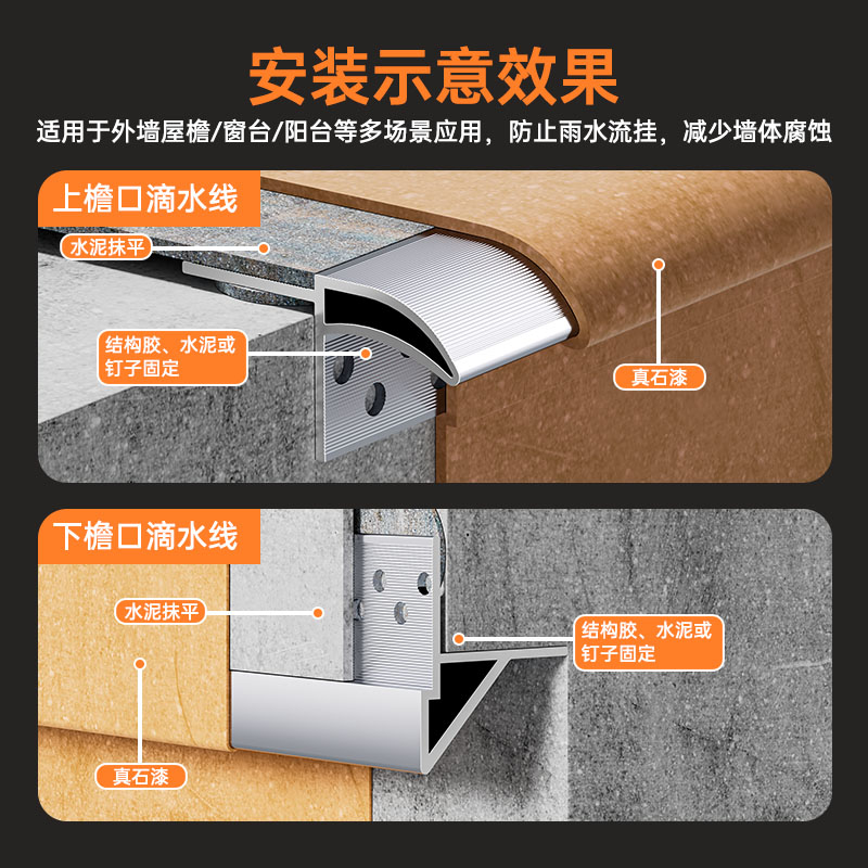 铝合金滴水线条外墙屋檐档雨水槽防水引水仿石漆水包砂下檐成品槽 - 图1
