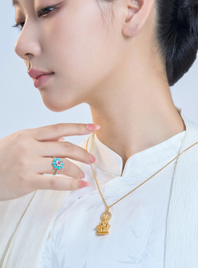 吾往水月绿松石纯银戒指自在观音新中式国风开口戒轻奢高级感