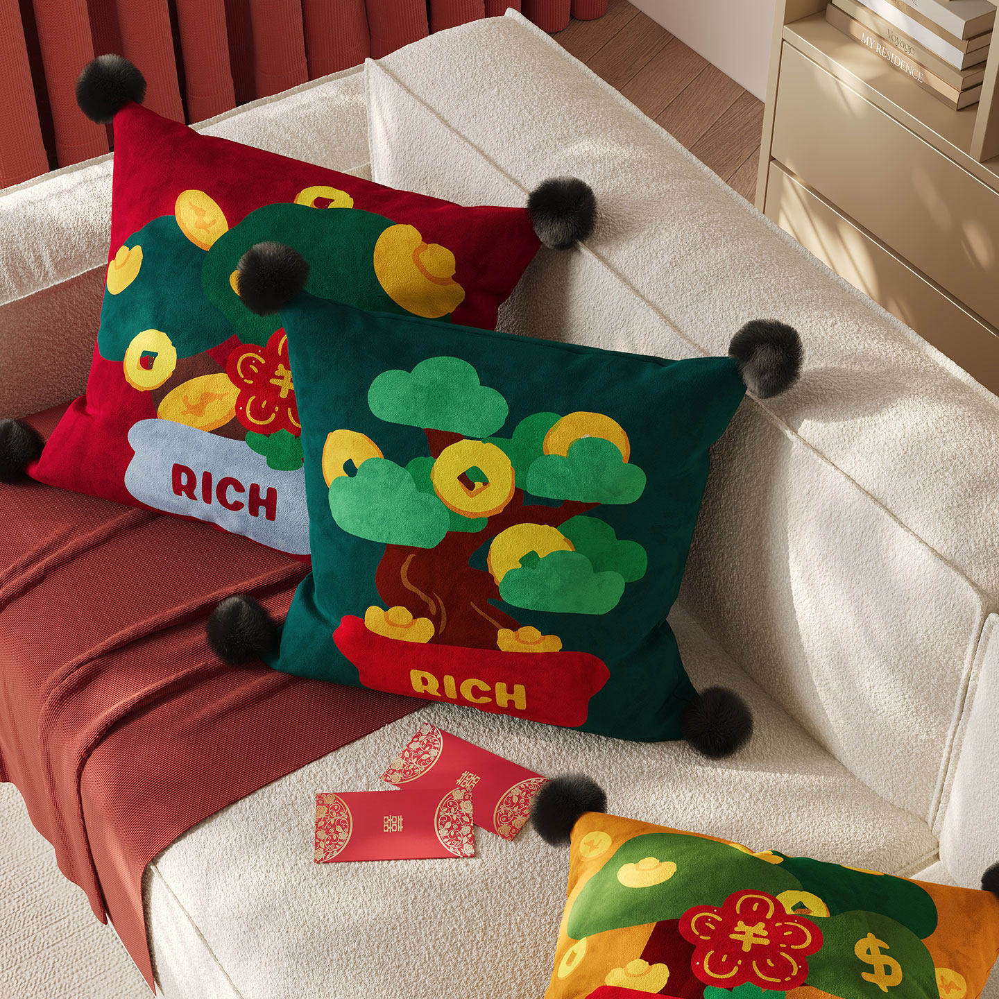 红色抱枕套过年客厅沙发含芯新年装饰腰靠床头飘窗靠枕靠垫可拆洗,淘宝优惠券,粉丝福利购,淘宝优惠卷