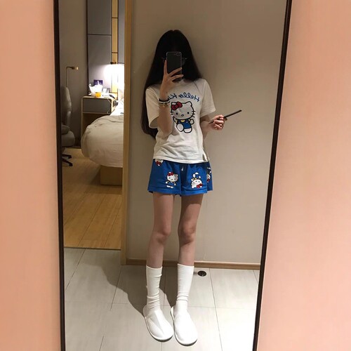 甜美Kitty短袖睡衣女夏款2025年新款T恤短裤大码家居服可外穿套装 - 图1