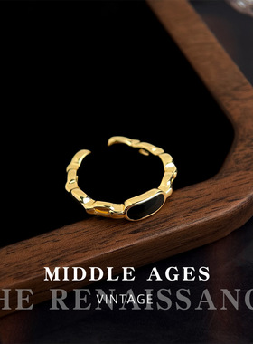 vintage中古风镀14K黑色滴油复古文艺戒指港风轻奢开口可调节指戒