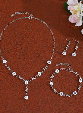 法式少女森系玫瑰耳环 复古浪漫红色花朵手链小众设计感项链套装