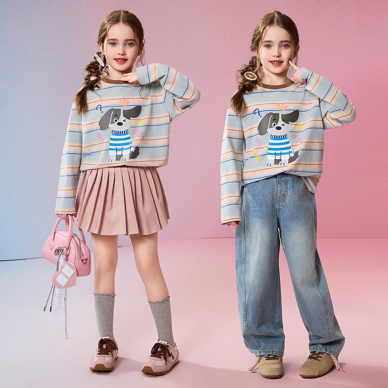 ask儿童T恤2026春季新款女童撞色条纹上衣中大童印花长袖童装,淘宝优惠券,粉丝福利购,淘宝优惠卷