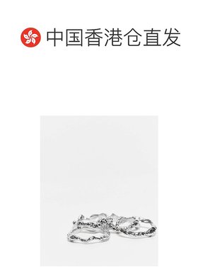 香港直邮ASOS 女士 Curve 堆叠锤痕设计色调戒指(4件套)(银色)