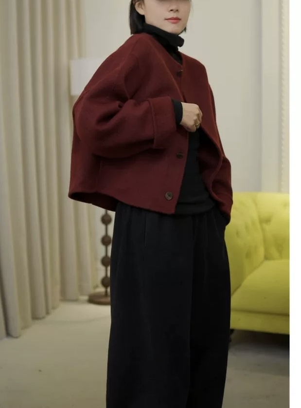 圆领短款双面羊毛大衣女2024冬季韩版宽松气质小香风毛呢外套 - 图3