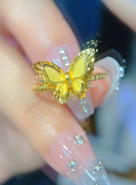 金店同款5G沙金镜花蝶梦双层蝴蝶戒指女精致轻奢气质时尚高级感食