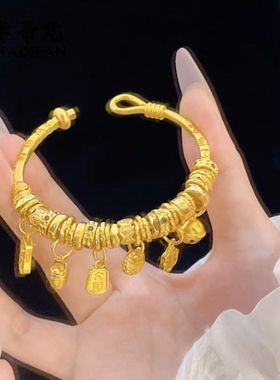 沙金古法吉言錾刻多宝盘缠手镯diy六字箴言藏风串珠招财纳福盘缠