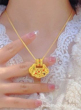 古法金复古宫廷风花丝如意锁包项链吊坠