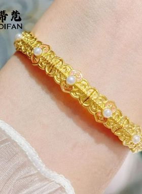 金店同款沙金蜜粉金十里红妆和美如意粉色系珍珠弹力手镯女新款蝴