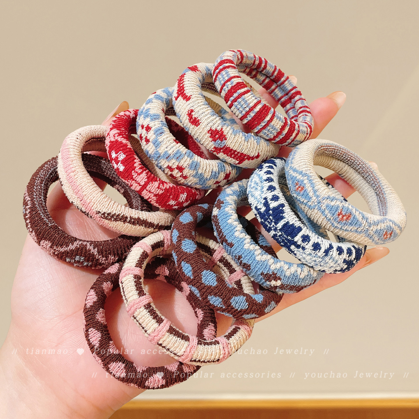 韩版儿童秋冬复古费尔岛风毛巾圈高弹扎马尾皮筋女童加粗耐用头绳,淘宝优惠券,粉丝福利购,淘宝优惠卷