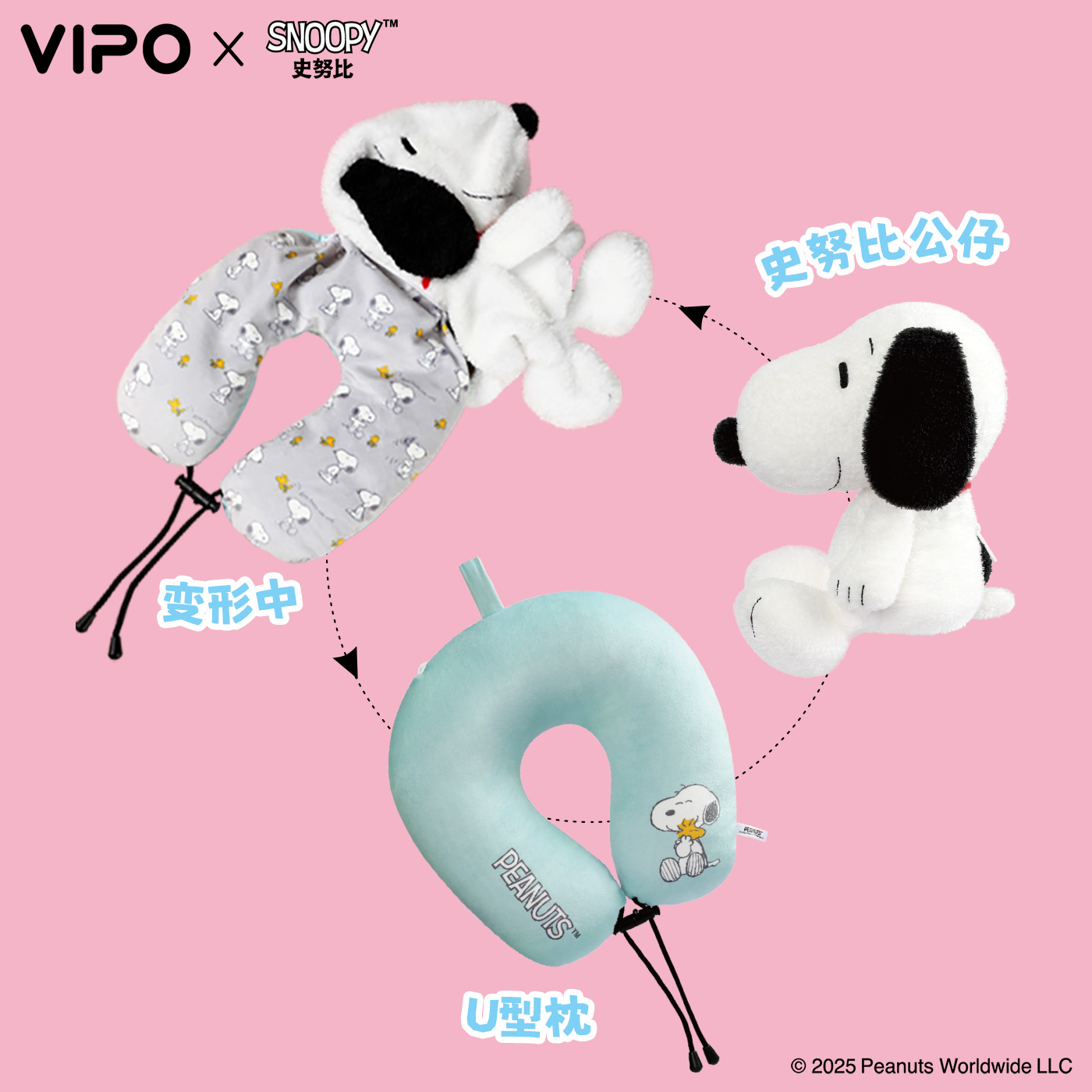 VIPOx米菲便携U形枕史努比变形两用高铁睡觉神器飞机护脖颈枕旅行 - 图2