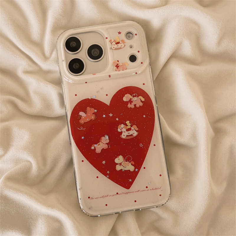 独壳 ins红色爱心小马带链条适用苹果17promax手机壳韩系简约iPhone16新款15防摔14pro女款13双层手机套硬壳,淘宝优惠券,粉丝福利购,淘宝优惠卷