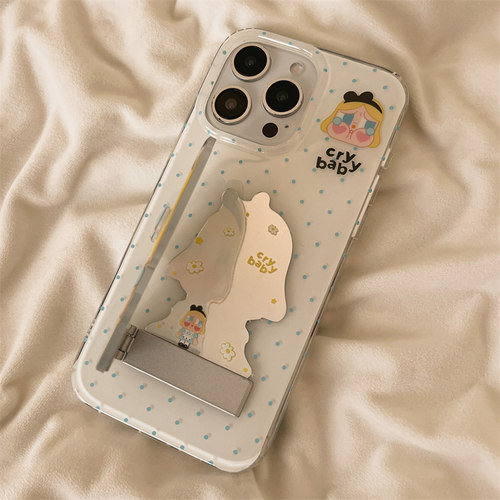 独壳 卡通波点哭娃镜子支架适用17pro苹果16手机壳超萌iPhone15promax新款14ProMax防摔13女款双层手机套硬壳 - 图2