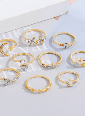 Star and Moon Ring Set with Diamond, Love Tree Leaves, 10 P