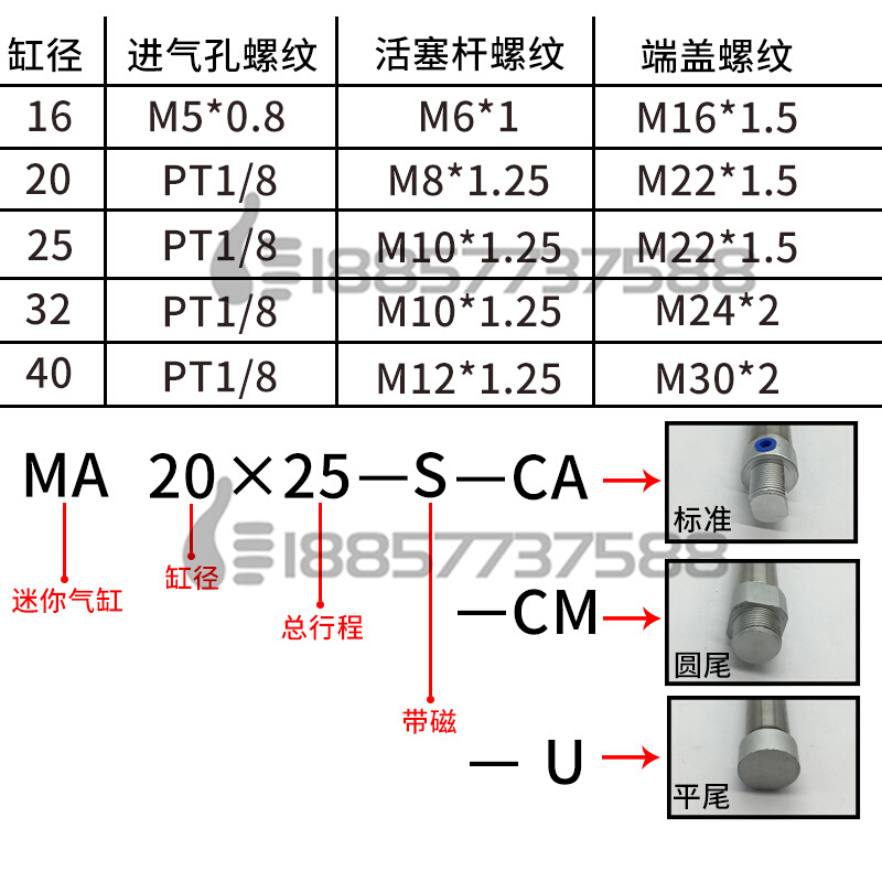 亚德客型MA不锈钢迷你气缸MA32x25x50x75x100x150x200-S-CA-CM-U - 图0