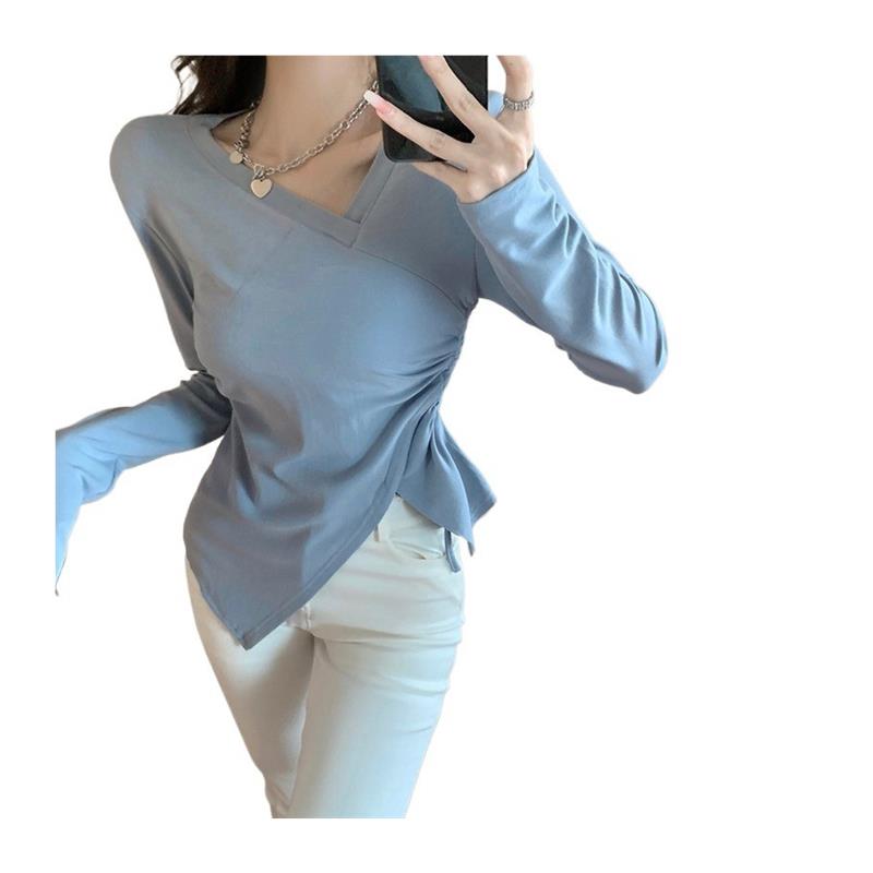 韩系纯欲辣妹不规则抽绳长袖T恤女设计感小众修身打底衫内搭上衣 - 图3
