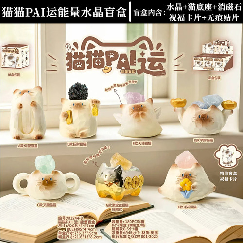 正版猫猫PAI运能量水晶盲盒摆件原石小豆丁暹罗猫手办生日礼物女 - 图3