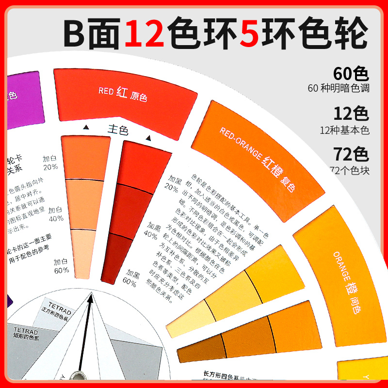 多功能色轮卡12色相环挂图三原色环盘国际标准美术颜色彩搭配表奶油调色板儿童识色配色卡样本油漆调色比例卡-图1