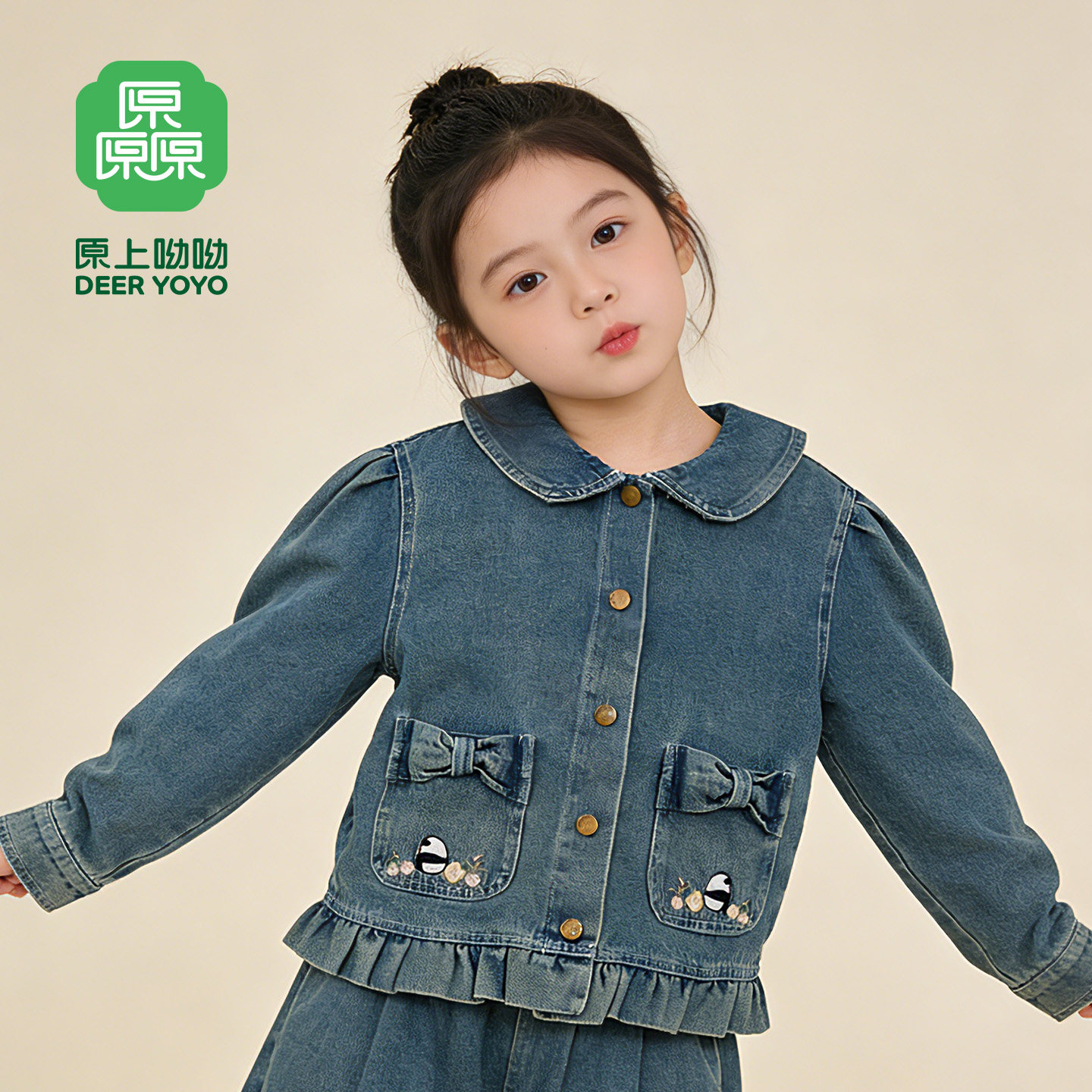 厵yuan童装女童春秋牛仔外套2026年新款春款国风绣花小童翻领上衣