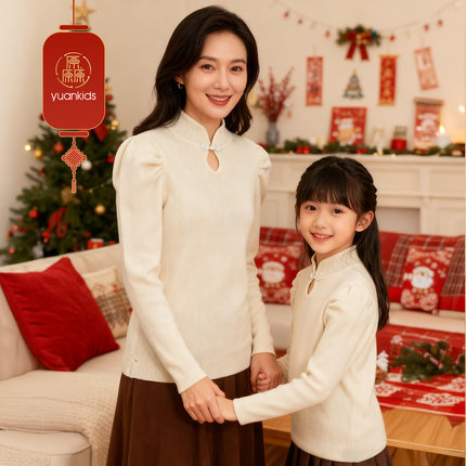 厵yuan童装女童新年毛衣立体绣花2025冬中大童加厚上衣亲子装年服