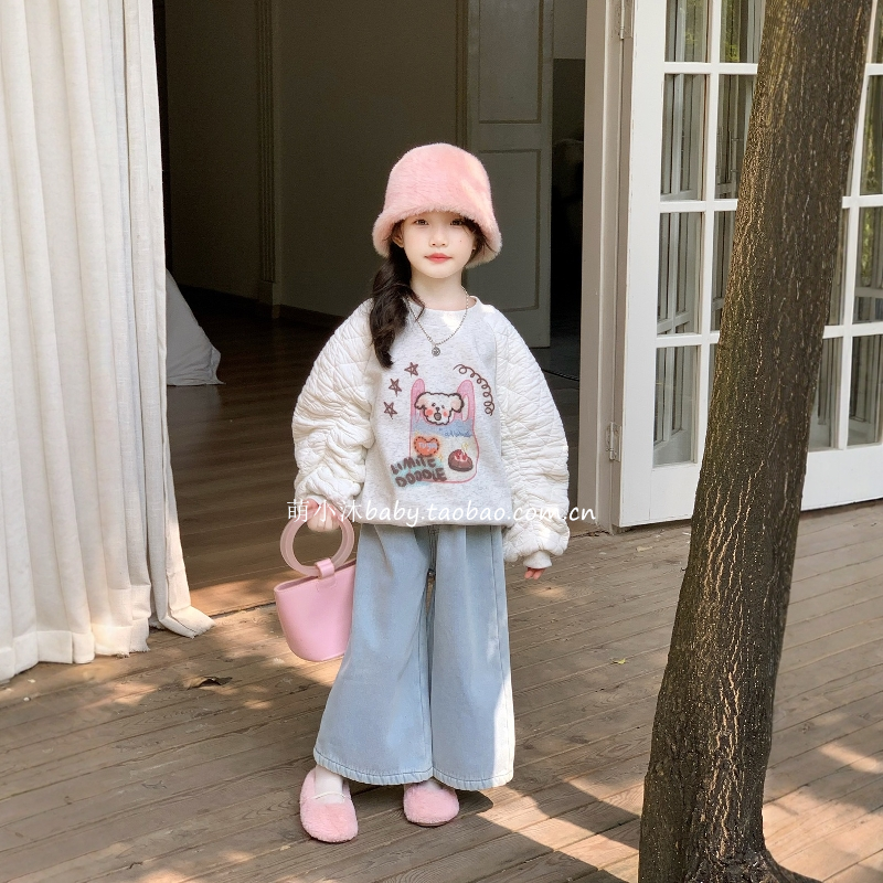 儿童洋气厚款卫衣2025新款韩版女童冬季加绒拼色袖套头卡通上衣潮,淘宝优惠券,粉丝福利购,淘宝优惠卷