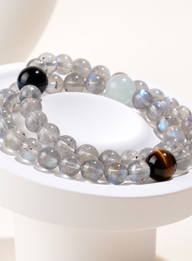 涵杰天然灰月光石双圈手链多宝水晶拉长石蓝光男女情侣新原创手串
