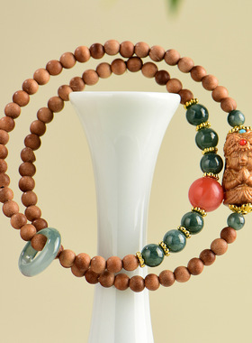 檀香木扎基拉姆翡翠南红双圈手链文创国潮景区寺院热销女手串