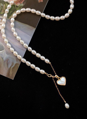 贝母爱心吊坠天然淡水小米珠珍珠项链百搭14k包金轻奢简约锁骨链