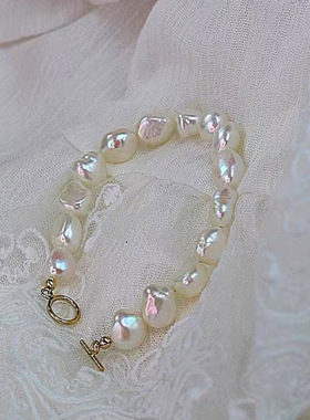 巴洛克天然淡水珍珠手链女简约百搭14k注金ot扣感设计手饰女