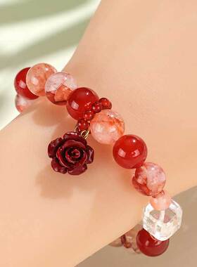 新品红玛瑙红胶花白水晶串珠手链女小众感紫金砂花朵手串