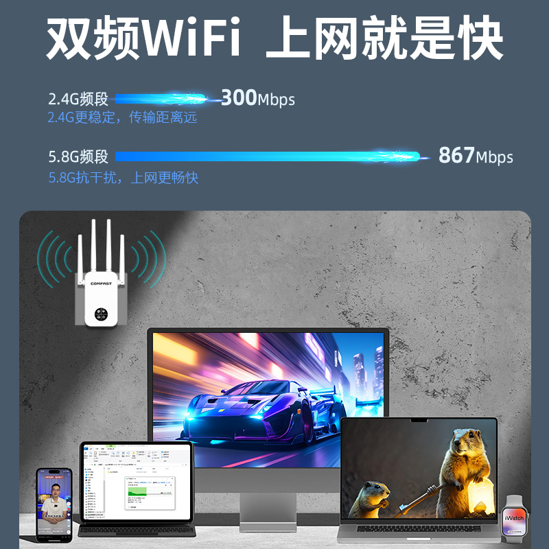 COMFAST WiFi信号放大器增强扩大器网络无线扩展器家用1200M双频5G中继器桥接穿墙王接收发射信号 CF-WR762AC - 图2