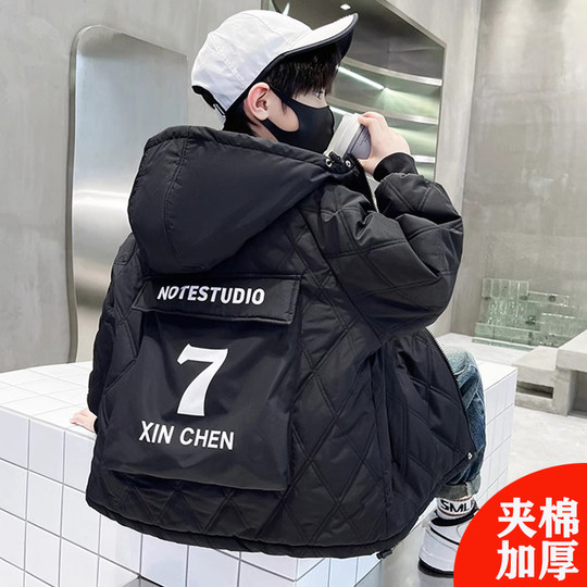 Boys' quilted jacket autumn and winter 2025 new style medium and large boys' cotton coat plus velvet and thickening to overcome the trend of foreign style