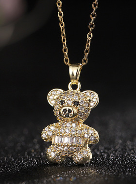 时尚百搭铜锆石电镀真金彩色小熊吊坠女网红同款锁骨链项链