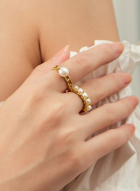 Manreya玛芮雅戒指夏日甜梦铜镀金淡水珍珠戒指女套戒