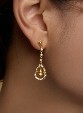 Manreya玛芮雅金福星环耳饰葫芦耳环女水钻长款垂坠黄金色高级感