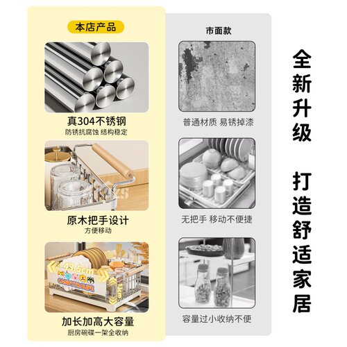 加厚双层沥水碗盘架304不锈钢碗碟收纳架厨房放碗筷餐具收纳盒 - 图1