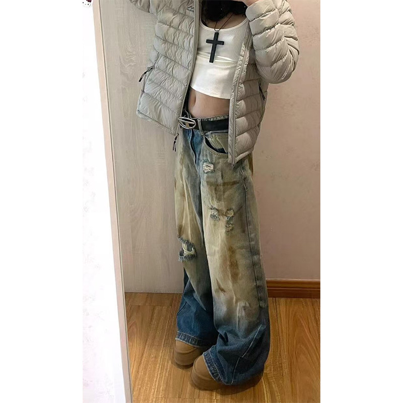 美式复古扎染做旧破洞牛仔裤女2025早秋新款设计感时尚流行弯刀裤,淘宝优惠券,粉丝福利购,淘宝优惠卷