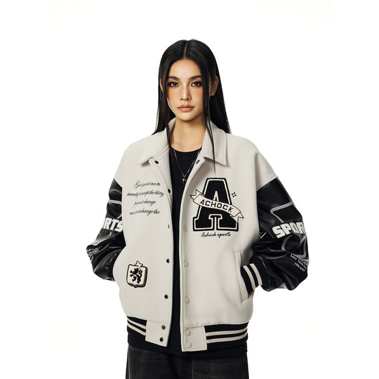 Lapel embroidered baseball uniform jacket spring new retro couple stand collar jacket trend