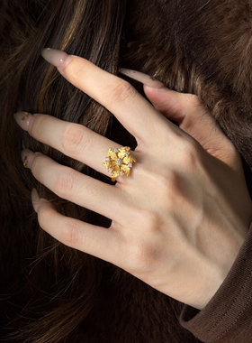 5D黄金点钻镶嵌枫叶雪花戒指女999足金新款气质食指戒送女友礼物