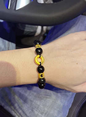 黄金平安扣字母手链新款999足金男款手饰时尚黑曜石金手链送男友